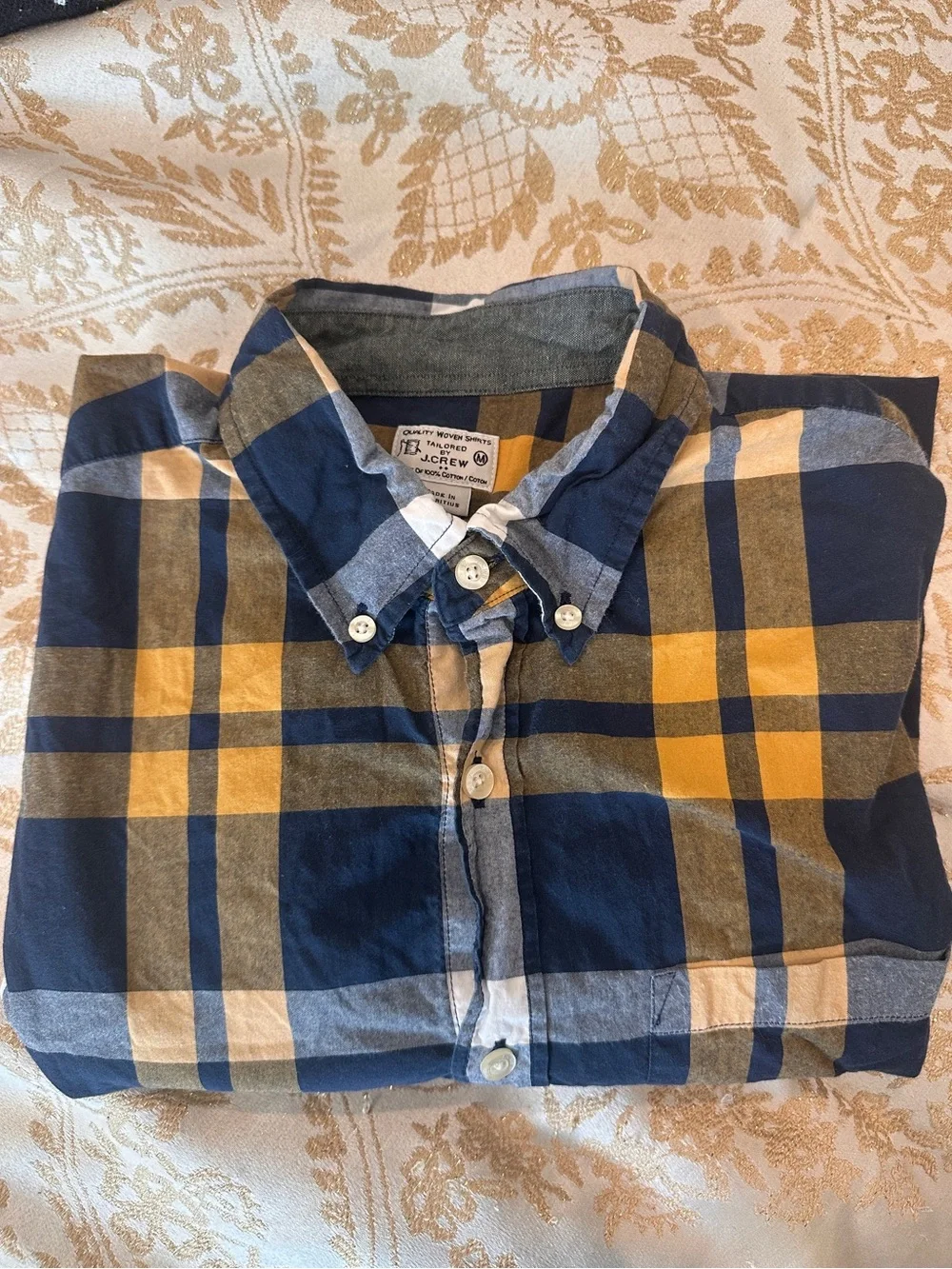 J.Crew Men’s Medium Plaid Button Down Shirt 100% Cotton Blue Gold Classic Casual